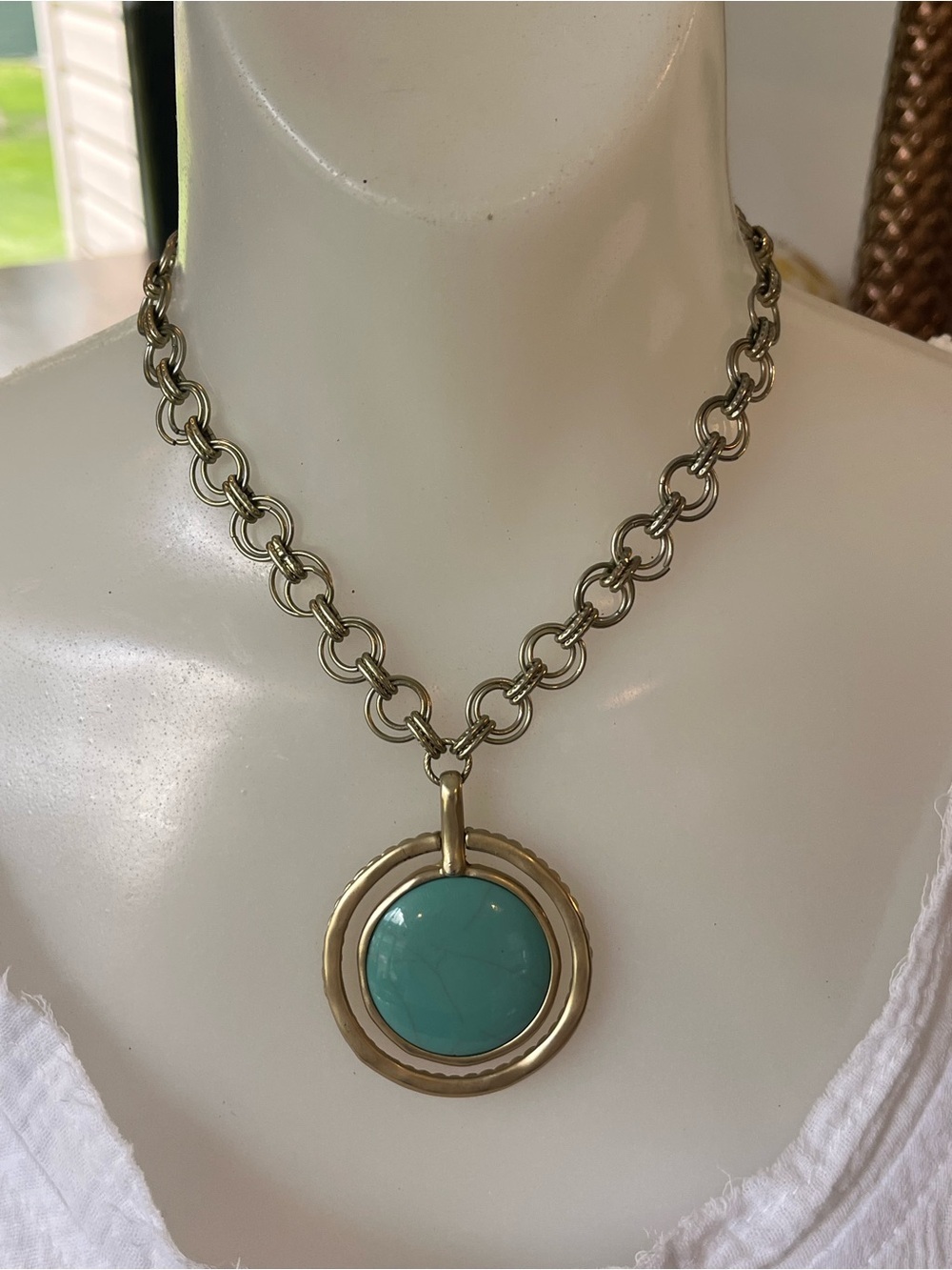 Chico's Gold-Tone Chain Necklace and Earrings with Turquoise Stone Pendant